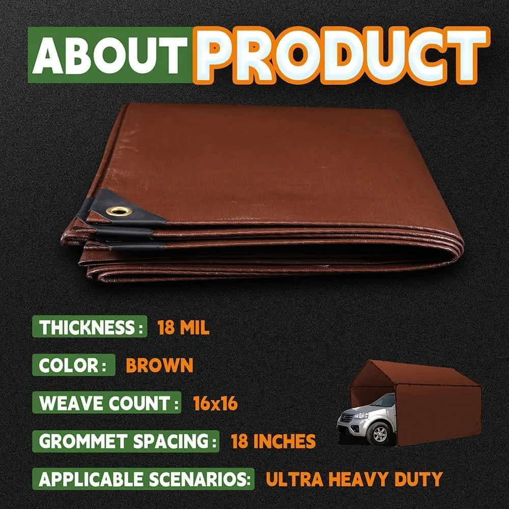RAINDEWAY 8x8 Feet Super Heavy Duty 18 Mil Brown Poly Tarp Cover, UV Resistant, Weatherproof, Multipurpose Waterproof Poly Tarp with Grommets and Reinforced Edges