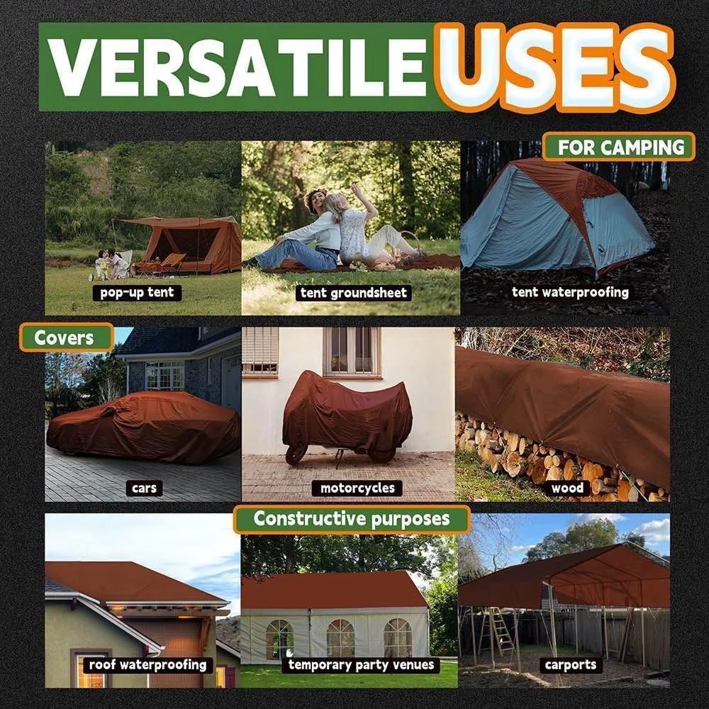 RAINDEWAY 8x8 Feet Super Heavy Duty 18 Mil Brown Poly Tarp Cover, UV Resistant, Weatherproof, Multipurpose Waterproof Poly Tarp with Grommets and Reinforced Edges