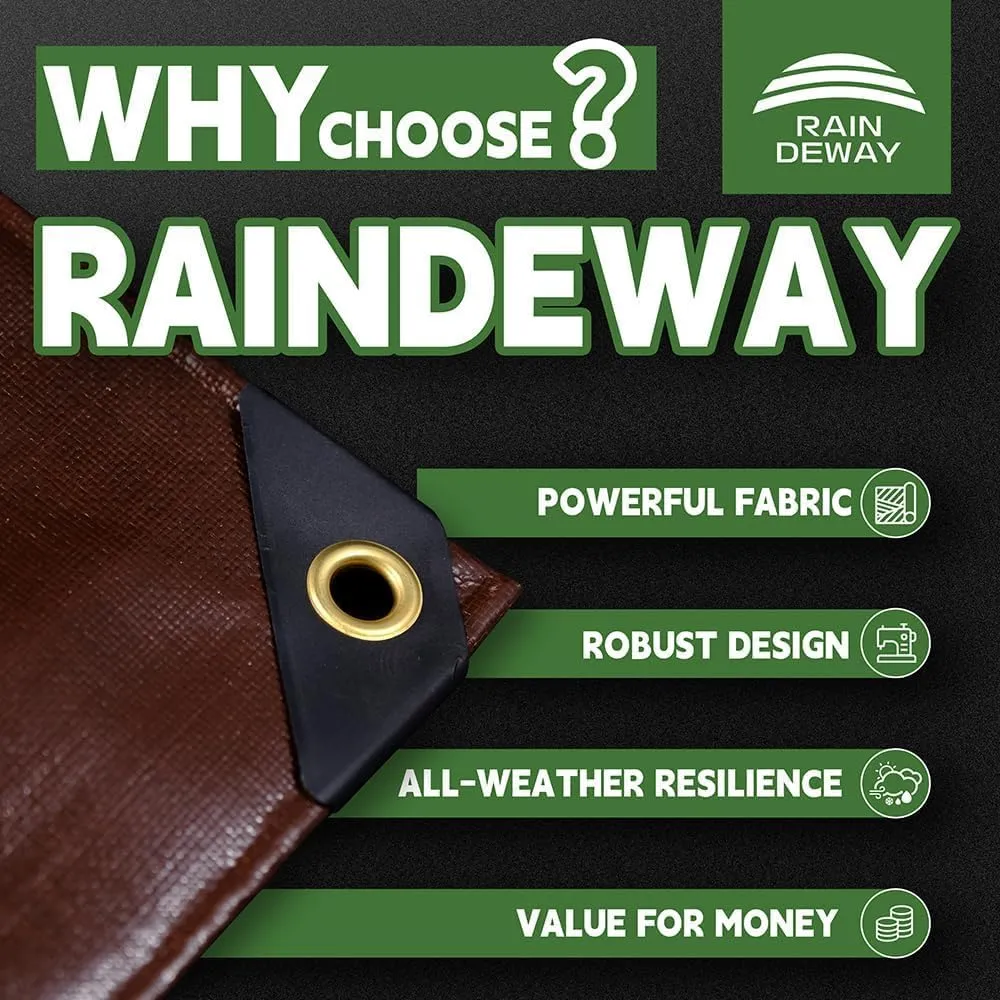 RAINDEWAY 8x8 Feet Super Heavy Duty 18 Mil Brown Poly Tarp Cover, UV Resistant, Weatherproof, Multipurpose Waterproof Poly Tarp with Grommets and Reinforced Edges