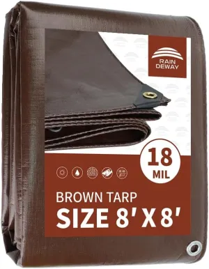 RAINDEWAY 8x8 Feet Super Heavy Duty 18 Mil Brown Poly Tarp Cover, UV Resistant, Weatherproof, Multipurpose Waterproof Poly Tarp with Grommets and Reinforced Edges