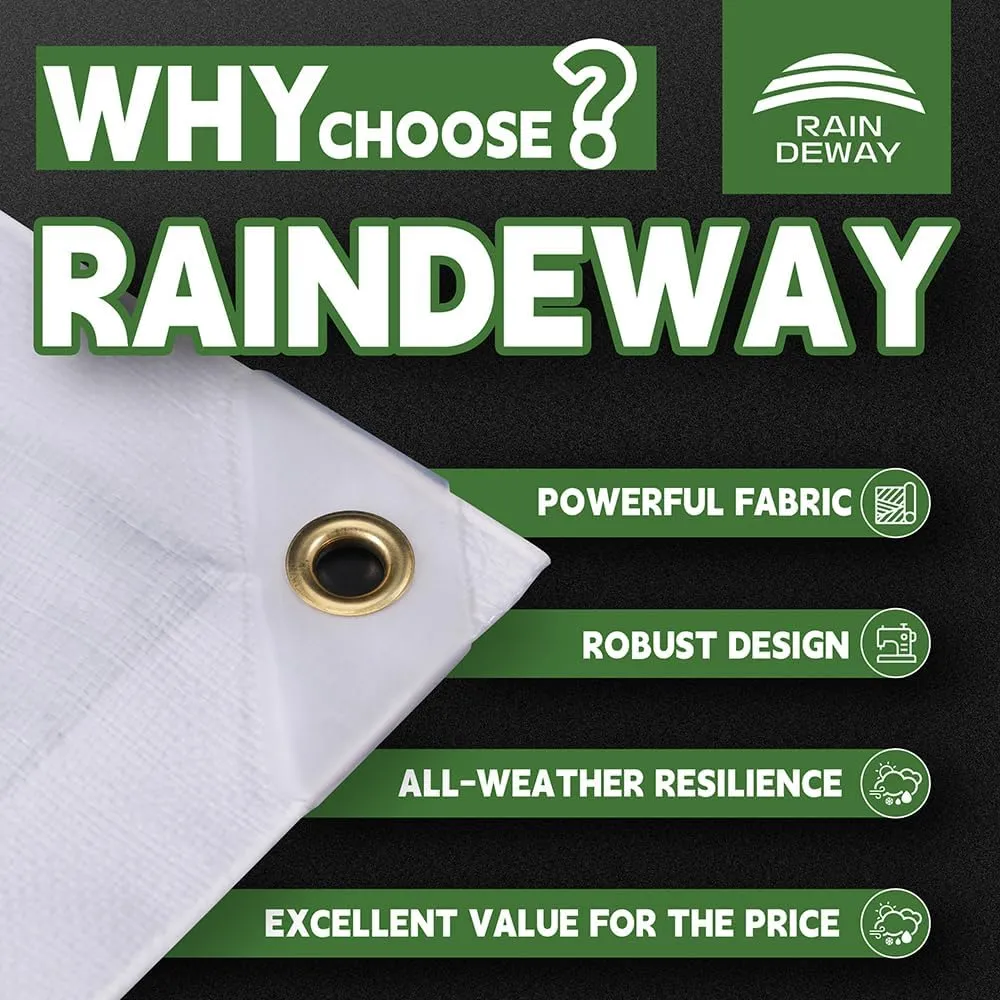 RAINDEWAY White Tarps 10x14 Feet,Heavy Duty Waterproof, 12 Mil Thick,UV Resistant, Weatherproof Poly Canopy Tarp,Camping,Carport,Finished Size