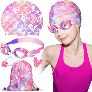 Ramede Mermaid Kids Swimming Cap with Swim Goggles and Storage Bag for Kids (Age 3-12), Silicone Waterproof Swimming and Bathing Caps for Long and Short Hair Girls Boys with Ear Plug and Nose Clip