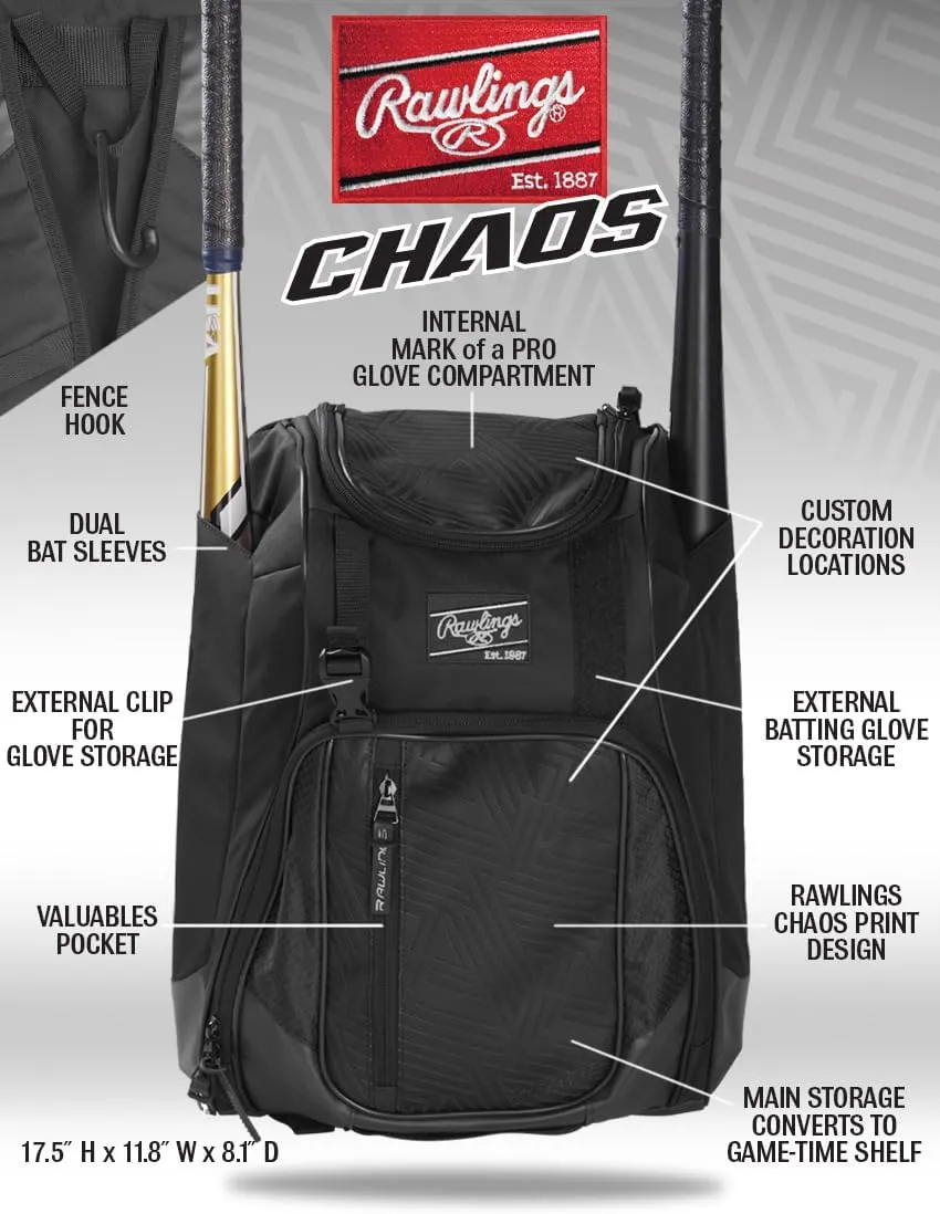 Rawlings | CHAOS Backpack Bag Series | T-Ball & Youth | Baseball & Fastpitch Softball | Multiple Colors
