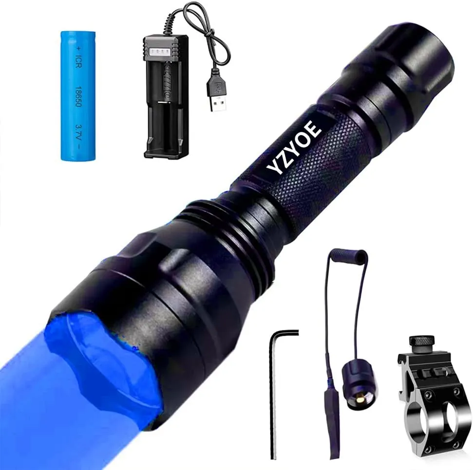 Rechargeable Blue Light Tactical Flashlight，1000 Yards Blue Night Vision LED Light kit, Universal Picatinny Rail Mount with Pressure Switch for Long Distance Night Observation.