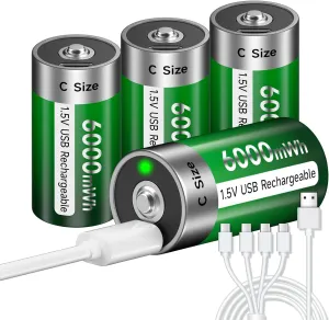 Rechargeable C Batteries with USB Charger, Lithium Rechargeable Batteries Size C 1.5V 6000mWh, Over 1500 Cycles, 4-in-1 Type C Charging Cable, LED Charge Indicator, 4Pack LR14 Rechargeable Battery USB