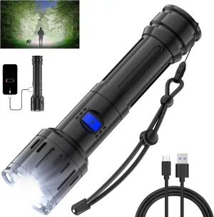 Rechargeable Flashlight with 400000LM and 5 Light Modes, Super Bright Tactical Flashlight Supports Electronic Devices Charging, IPX6 Waterproof, Zoomable Handheld Flashlight