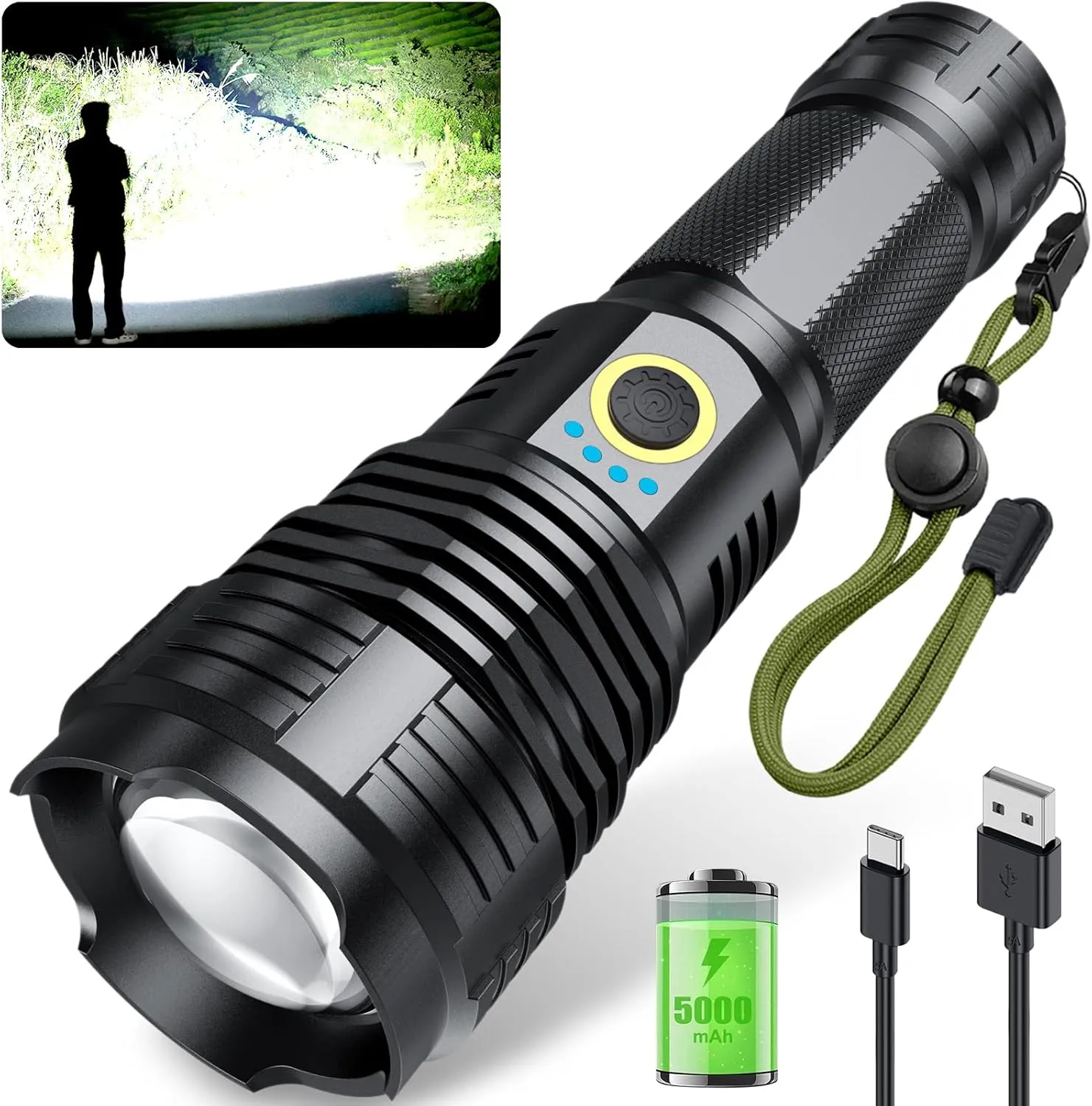Rechargeable Flashlights 1990.000 High Lumens, Super Bright Flashlight with 10 Modes, LED Tactical Flashlight Waterproof, Powerful for Camping, Hiking, Hunting and Emergencies