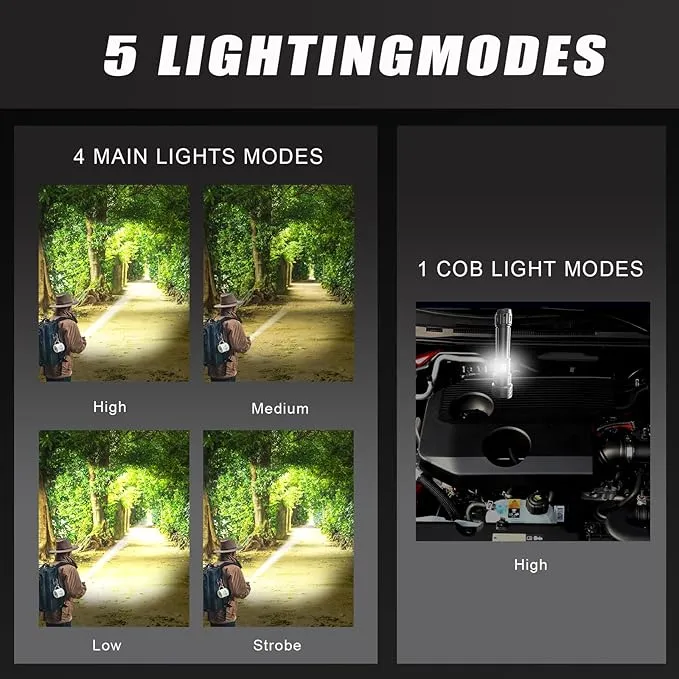 Rechargeable Flashlights High Lumens, 100000 High Lumens, Zoomable USB Rechargeable Flashlight, 5 Modes with COB Work Light,Small Flashlight for Camping, Emergency Flashlight