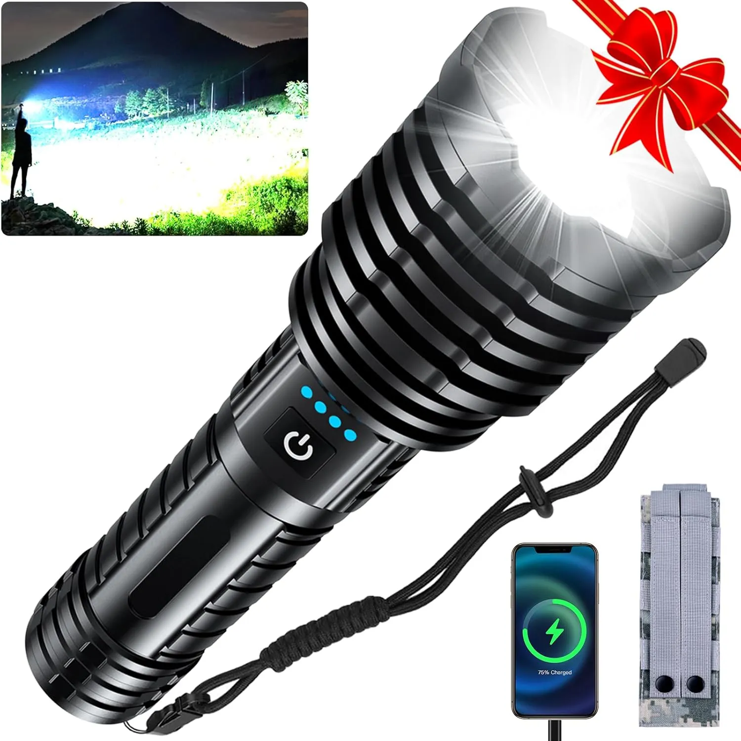 Rechargeable Flashlights High Lumens, 2400.000 Lumens Super Bright Flashlight, LED Handheld Waterproof Tactical Flashlights-Zoomable 5 Modes-31H Runtime-Holster for Emergency Camping