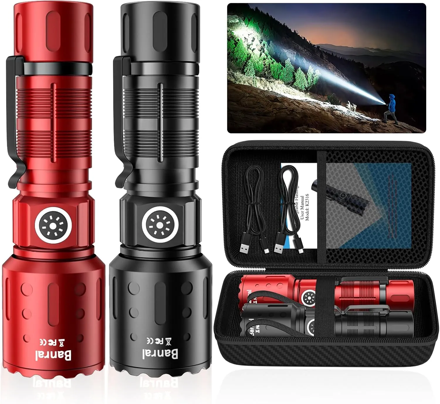 Rechargeable Flashlights High Lumens, Long Throw Super Bright LED Small Powerful Flashlight with Memory Function, 6Modes Pocket Waterproof Flash Light for Camping,Hiking (2, Black/Red)