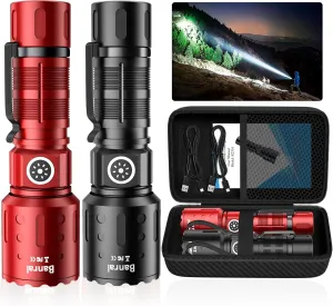 Rechargeable Flashlights High Lumens, Long Throw Super Bright LED Small Powerful Flashlight with Memory Function, 6Modes Pocket Waterproof Flash Light for Camping,Hiking (2, Black/Red)