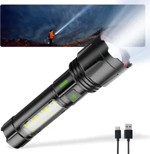 Rechargeable Flashlights High Lumens, Powerful LED Tactical Flashlight Super Bright 5 Modes, Waterproof Camping Flashlight Zoomable USB C, for Emergency Hiking Home Gift, 1 Pack