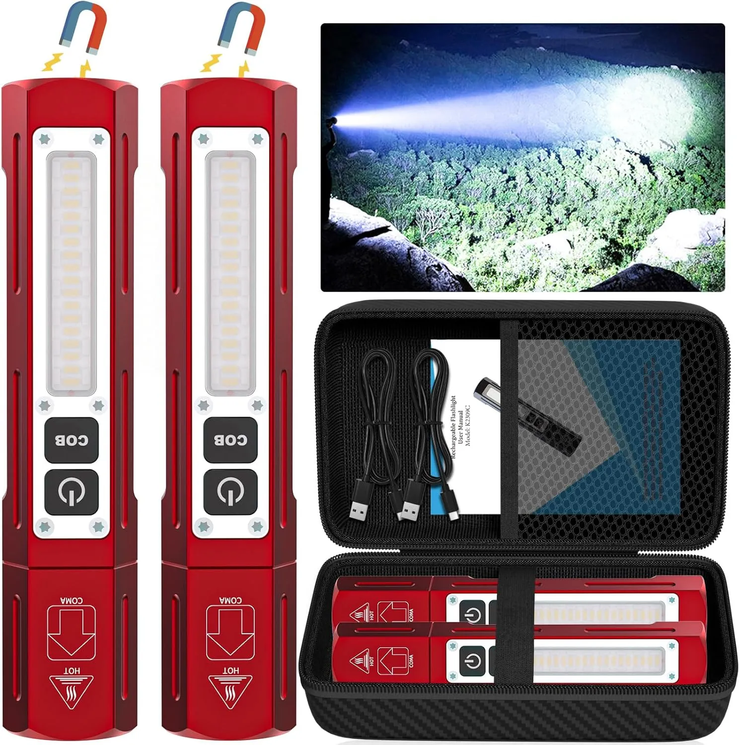 Rechargeable Flashlights High Lumens - Super Bright Small Pocket Magnetic Flashlight, 8 Modes LED Tactical Flash Light, Dual Button Powerful Flashlight for Camping (2, Red)