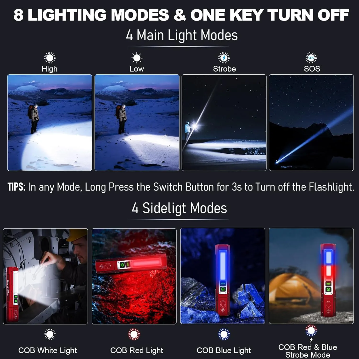 Rechargeable Flashlights High Lumens - Super Bright Small Pocket Magnetic Flashlight, 8 Modes LED Tactical Flash Light, Dual Button Powerful Flashlight for Camping (2, Red)