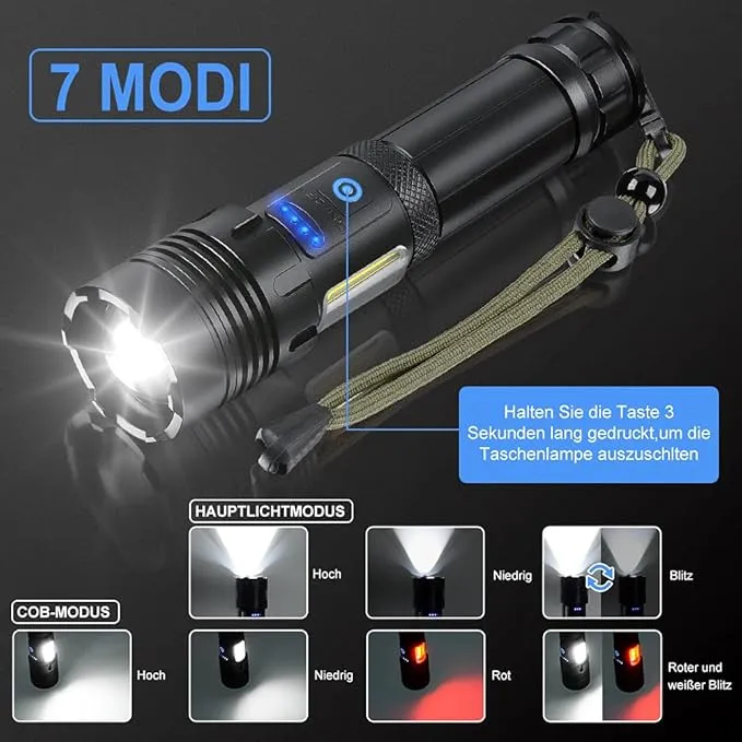 Rechargeable LED Flashlight High Lumens, 120000 Lumen XHP70.2 Super Bright Handheld Tactical Flashlight, Zoomable, IPX6 Waterproof, 7 Modes for Camping Emergency