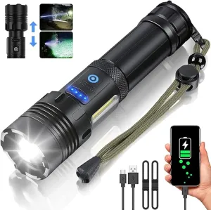 Rechargeable LED Flashlight High Lumens, 120000 Lumen XHP70.2 Super Bright Handheld Tactical Flashlight, Zoomable, IPX6 Waterproof, 7 Modes for Camping Emergency