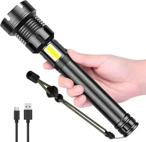 Rechargeable LED Flashlight High Lumens, 90000 Lumen Brightest Tactical Flashlight with 10000mAh Battery, Side Worklight, 7Modes Zoomable High-Power Flashlight&USB Rechargeable for Camping Emergency