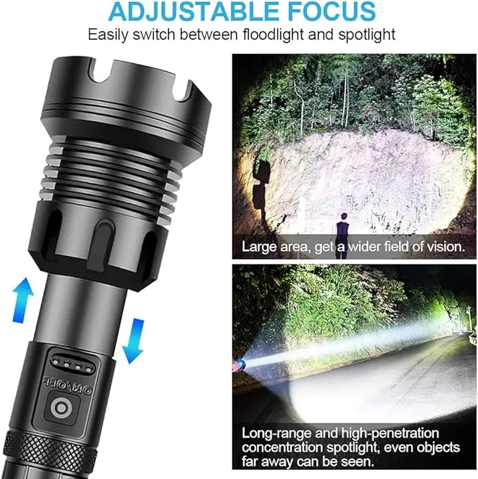 Rechargeable LED Flashlight High Lumens, 90000 Lumen Brightest Tactical Flashlight with 10000mAh Battery, Side Worklight, 7Modes Zoomable High-Power Flashlight&USB Rechargeable for Camping Emergency