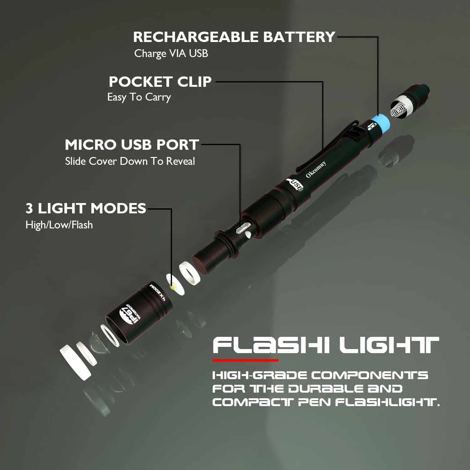 Rechargeable Pen Light Flashlight IP67 Waterproof with Pocket Clip 4-Zoomable, Prefect Pocket Flashlight for Inspection,Work,Repair