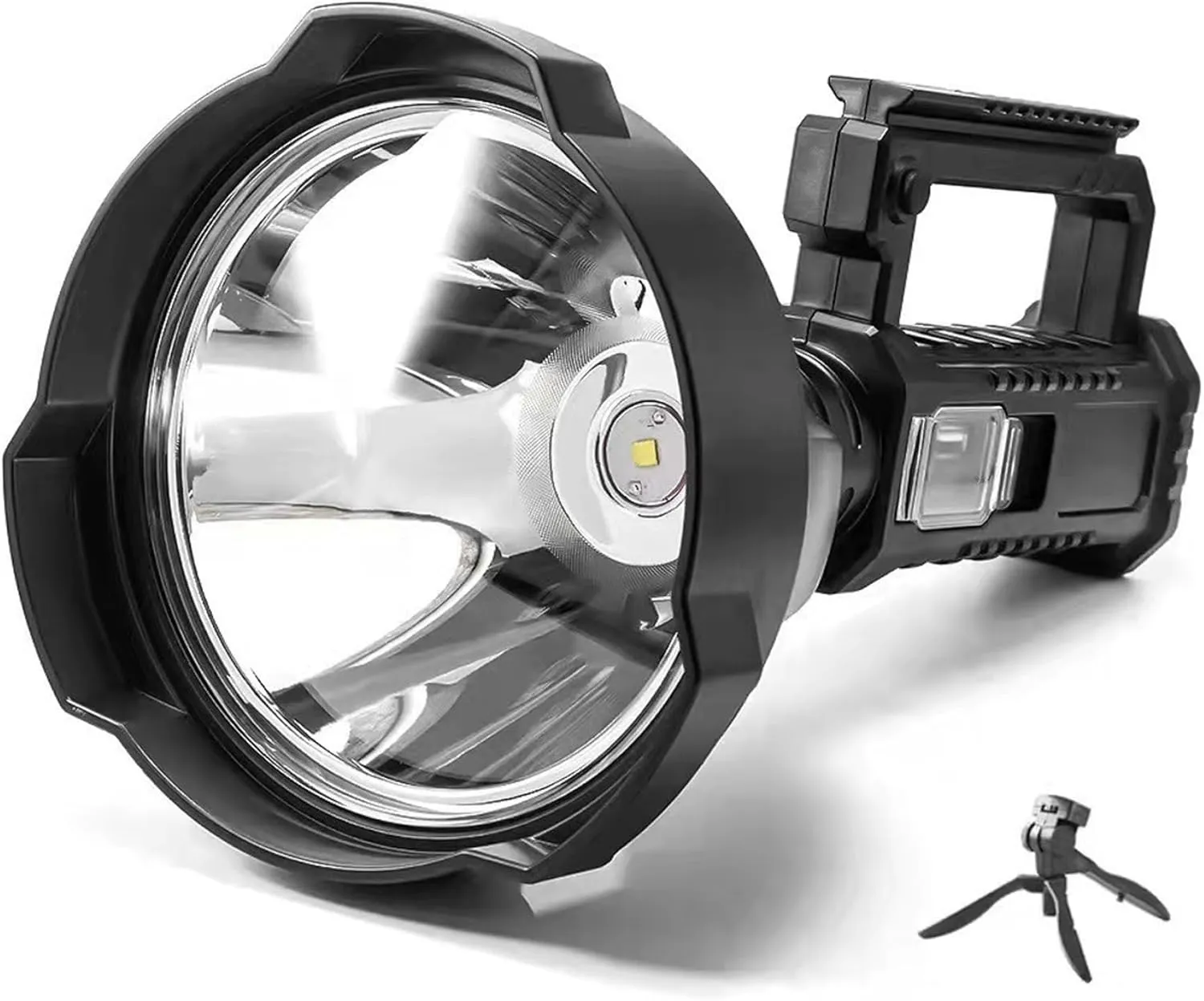 Rechargeable Spotlight, IPX6 Waterproof 4 Lighting Modes Handheld Spotlight, Long Range Flashlight with Non Slip Handle and Tripod for Hiking, camping.