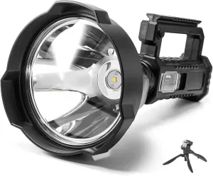 Rechargeable Spotlight, IPX6 Waterproof 4 Lighting Modes Handheld Spotlight, Long Range Flashlight with Non Slip Handle and Tripod for Hiking, camping.