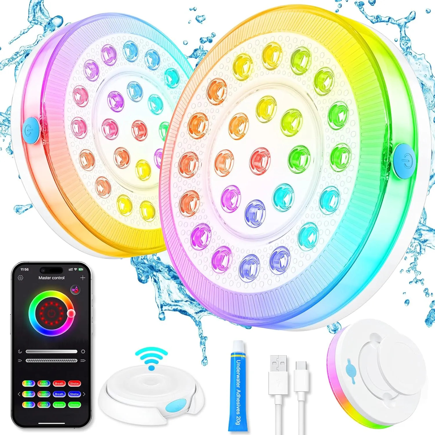 Rechargeable Submersible Pool Lights - Waterproof Underwater Pool Lights Charging Battery Operated Remote Controlled 16 Color Changing Hot Tub Lights with Magnet for Pool Pond (APP 2 Set)