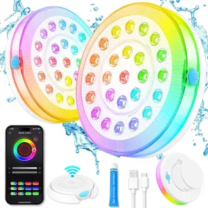 Rechargeable Submersible Pool Lights - Waterproof Underwater Pool Lights Charging Battery Operated Remote Controlled 16 Color Changing Hot Tub Lights with Magnet for Pool Pond (APP 2 Set)