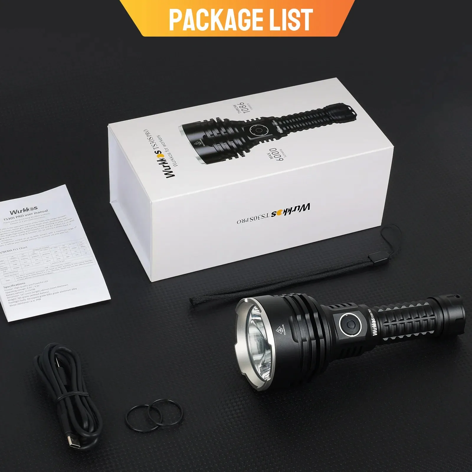 Rechargeable Tactical Flashlight 6000 Lumens LED USB-C Torch 21700 Battery Stainless Bezel Power Bank