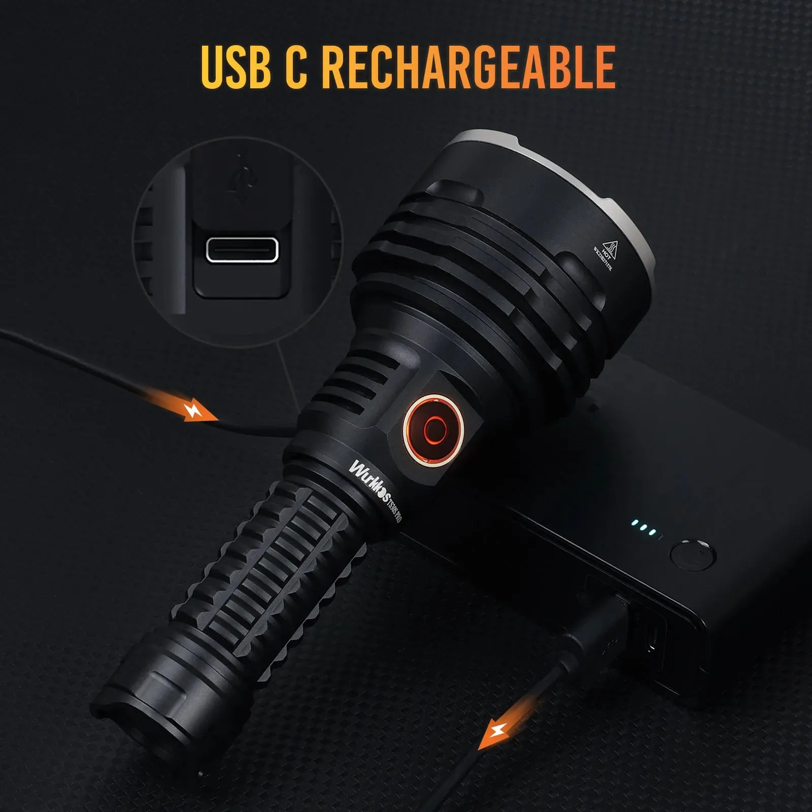 Rechargeable Tactical Flashlight 6000 Lumens LED USB-C Torch 21700 Battery Stainless Bezel Power Bank