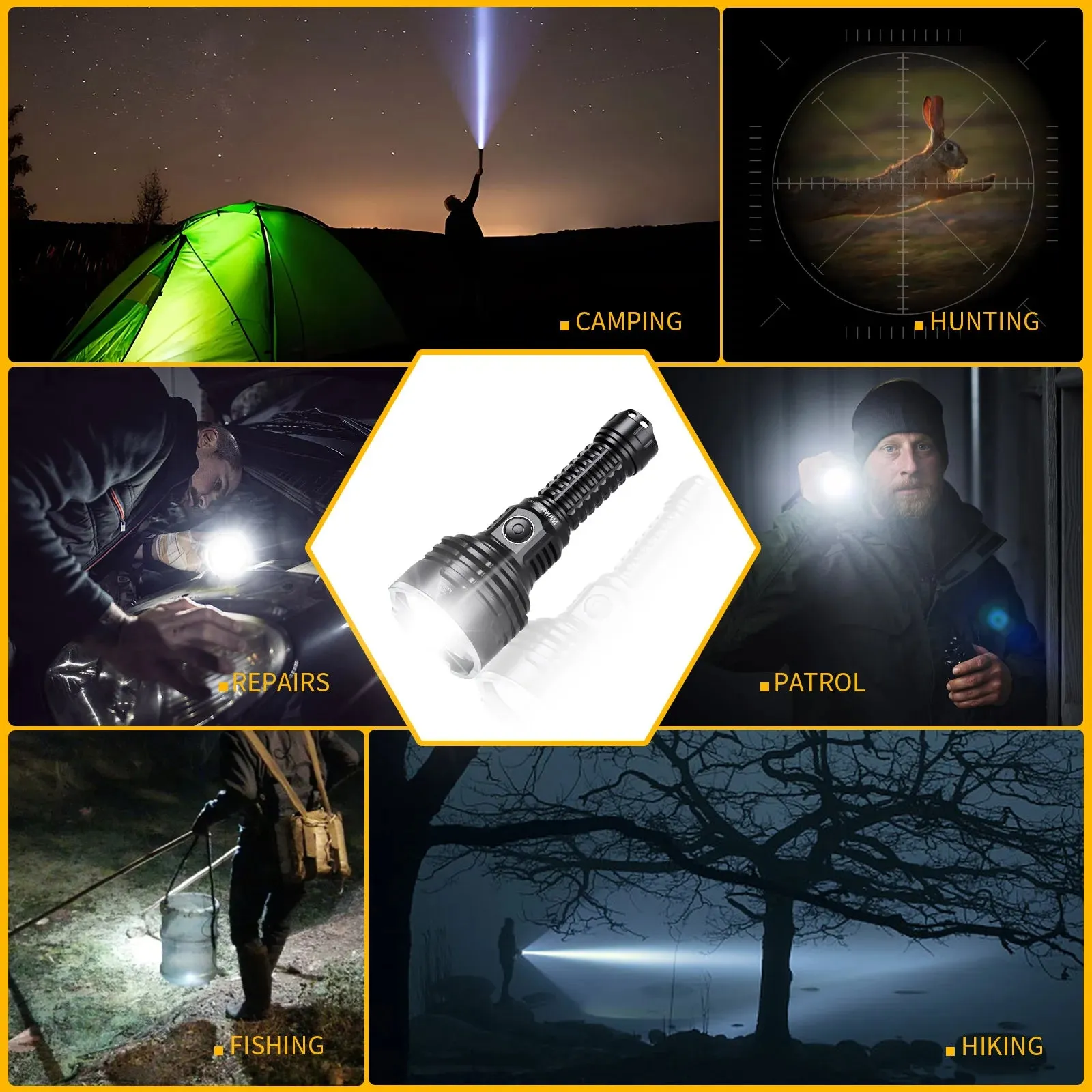 Rechargeable Tactical Flashlight 6000 Lumens LED USB-C Torch 21700 Battery Stainless Bezel Power Bank