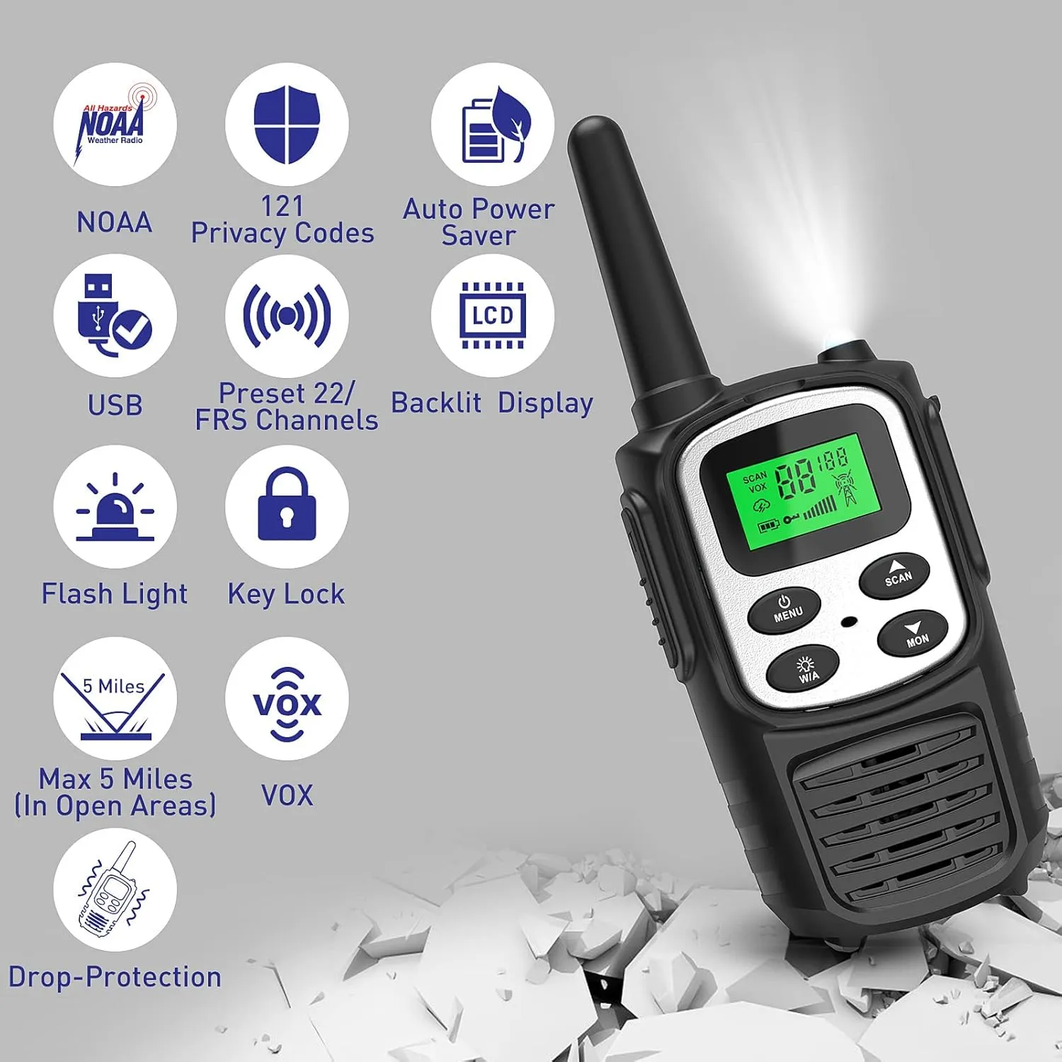 Rechargeable Walkie Talkies,Fvamom Walkies Talkies for Adults with 22 Channels,Long Range Walkie Talkies with NOAA Weather Channels,VOX LCD Display LED Flashlight for Hiking Camping Trip(Silver)