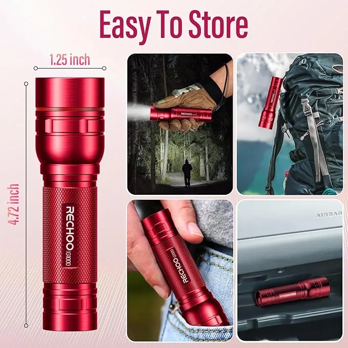 RECHOO Rechargeable Flashlights High Lumens, G1000 Super Bright Flashlight, Small Zoomable LED Flashlight with 3 Lighting Modes, Portable Tactical Flashlight, Gift for Christmas(Battery Included)-Red