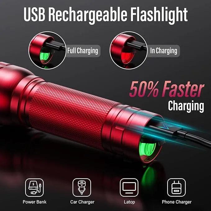 RECHOO Rechargeable Flashlights High Lumens, G1000 Super Bright Flashlight, Small Zoomable LED Flashlight with 3 Lighting Modes, Portable Tactical Flashlight, Gift for Christmas(Battery Included)-Red