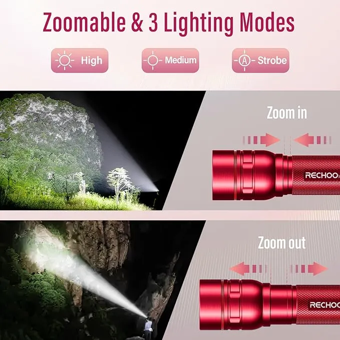 RECHOO Rechargeable Flashlights High Lumens, G1000 Super Bright Flashlight, Small Zoomable LED Flashlight with 3 Lighting Modes, Portable Tactical Flashlight, Gift for Christmas(Battery Included)-Red