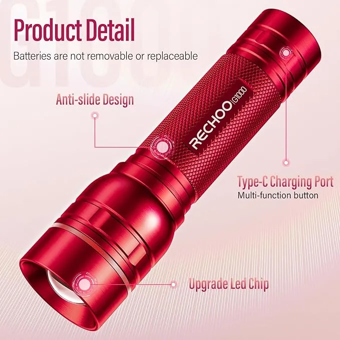 RECHOO Rechargeable Flashlights High Lumens, G1000 Super Bright Flashlight, Small Zoomable LED Flashlight with 3 Lighting Modes, Portable Tactical Flashlight, Gift for Christmas(Battery Included)-Red