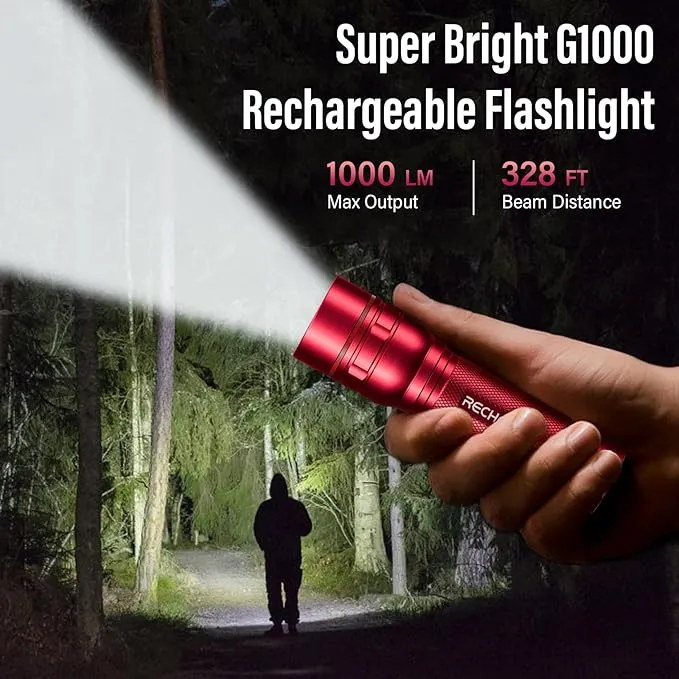 RECHOO Rechargeable Flashlights High Lumens, G1000 Super Bright Flashlight, Small Zoomable LED Flashlight with 3 Lighting Modes, Portable Tactical Flashlight, Gift for Christmas(Battery Included)-Red