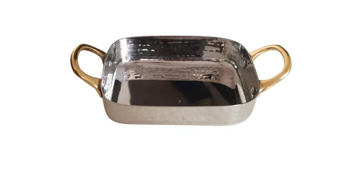 Rectangle Shape Serving Pan #2, Hammered Finish, 700 ML, 5.75", Brass Handles, Stainless Steel