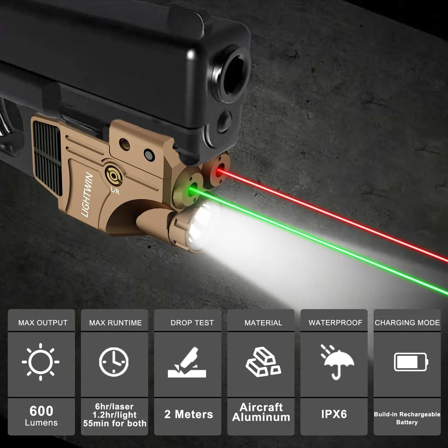 Red Green Blue Purple Laser Beams with 800 Lumens Flashlight for Pistols, 3 in1 Laser Light Combo, Tactical USB Rechargeable Laser Sight, Strobe & Steady Flashlight for Picatinny Rail
