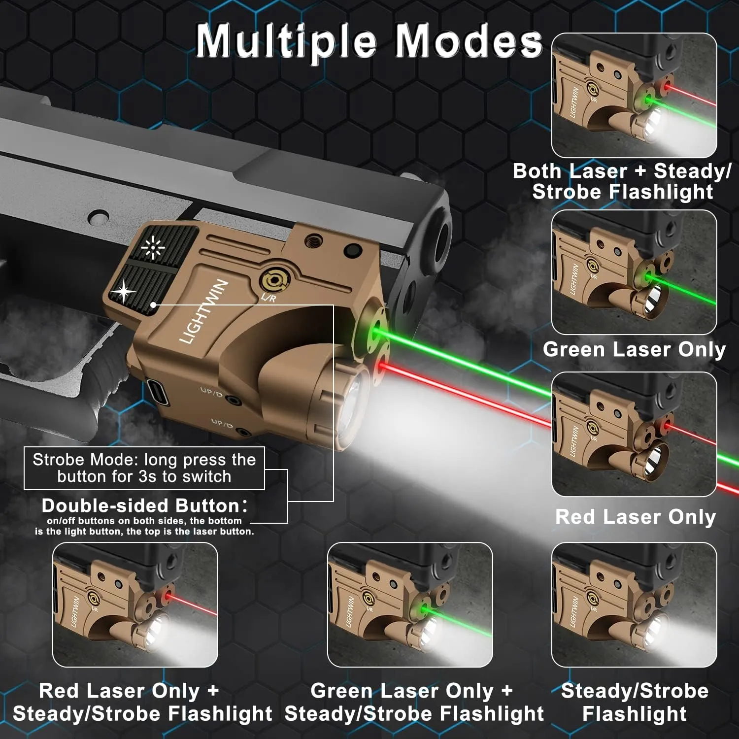 Red Green Blue Purple Laser Beams with 800 Lumens Flashlight for Pistols, 3 in1 Laser Light Combo, Tactical USB Rechargeable Laser Sight, Strobe & Steady Flashlight for Picatinny Rail