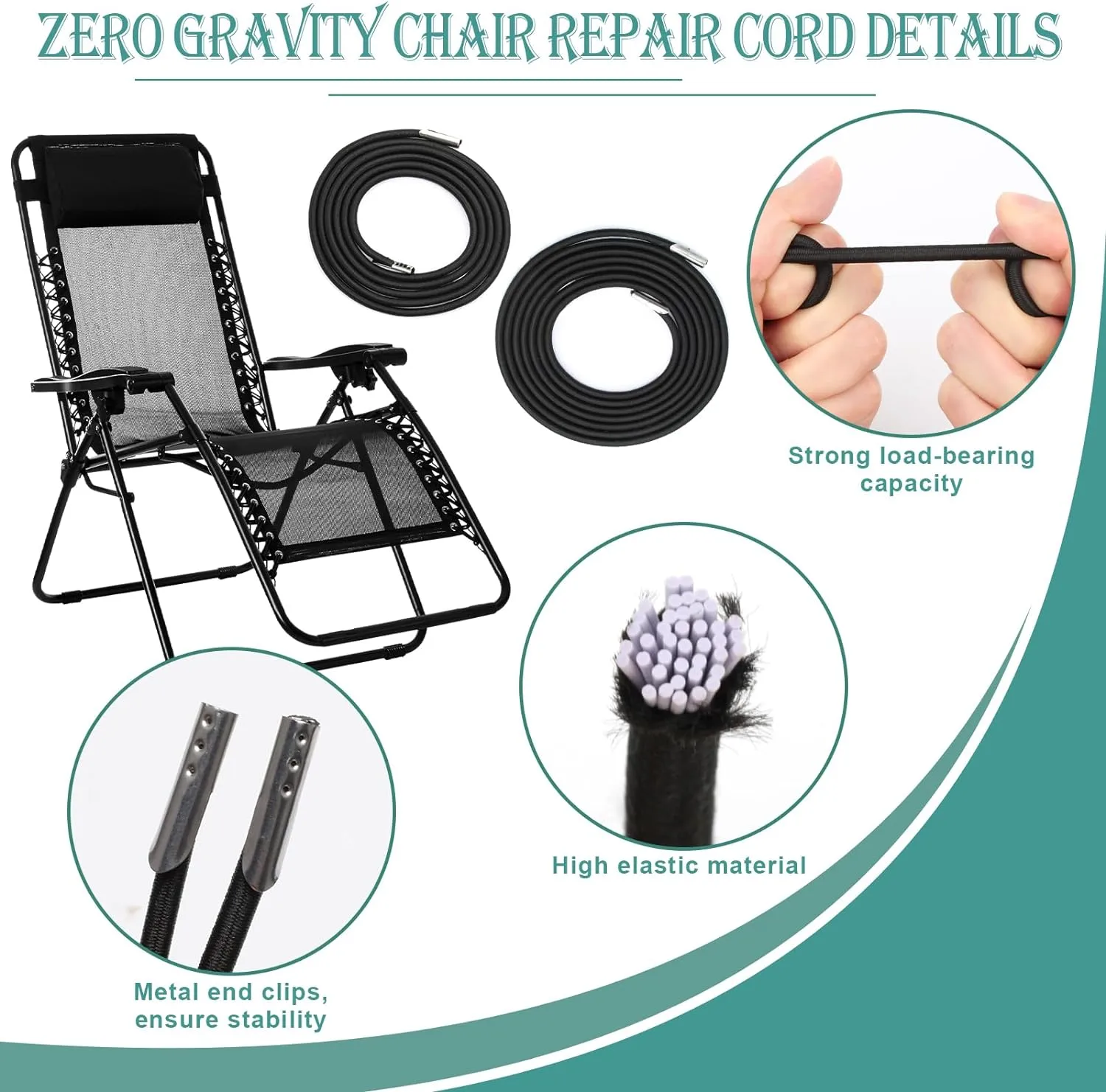 Replacement Fabric for Zero Gravity Chairs 21" W x 63“H, Reclining Patio Gravity Chairs Repair Cloth with 4pcs Elastic Replacement Cord Laces, Chair Repair Cord Kit for Outdoor Lounge Chair(Black)