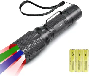 RGBW 4 Modes Flashlight, Red Green Blue White Light Options with Memory, Zoom Lens, Multi-Color Changing, Small Colored LED Torch Weatherproof for Night Vision - AAA Batteries Included