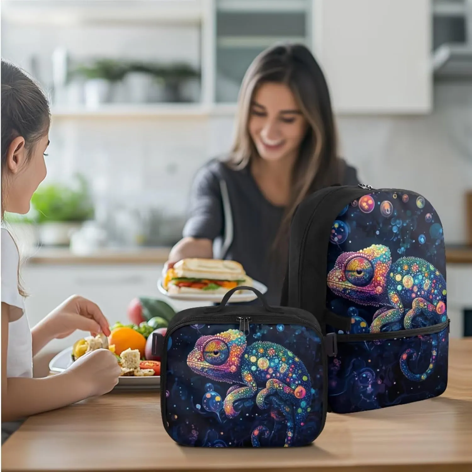 Rnyleeg Lizaed Backpack for Boys 3pcs School Backpack for Boys 17 inch Large Capacity Elementary School Bookbag and Lunch Bag Set Casual Daycare Rucksack