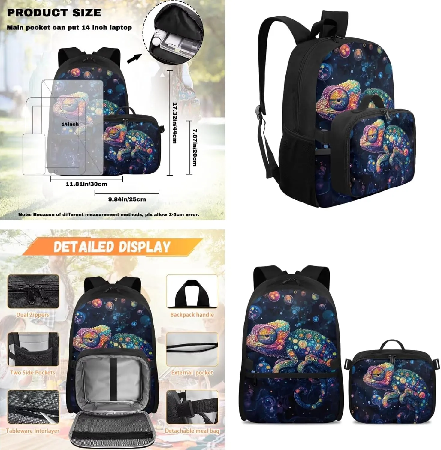 Rnyleeg Lizaed Backpack for Boys 3pcs School Backpack for Boys 17 inch Large Capacity Elementary School Bookbag and Lunch Bag Set Casual Daycare Rucksack