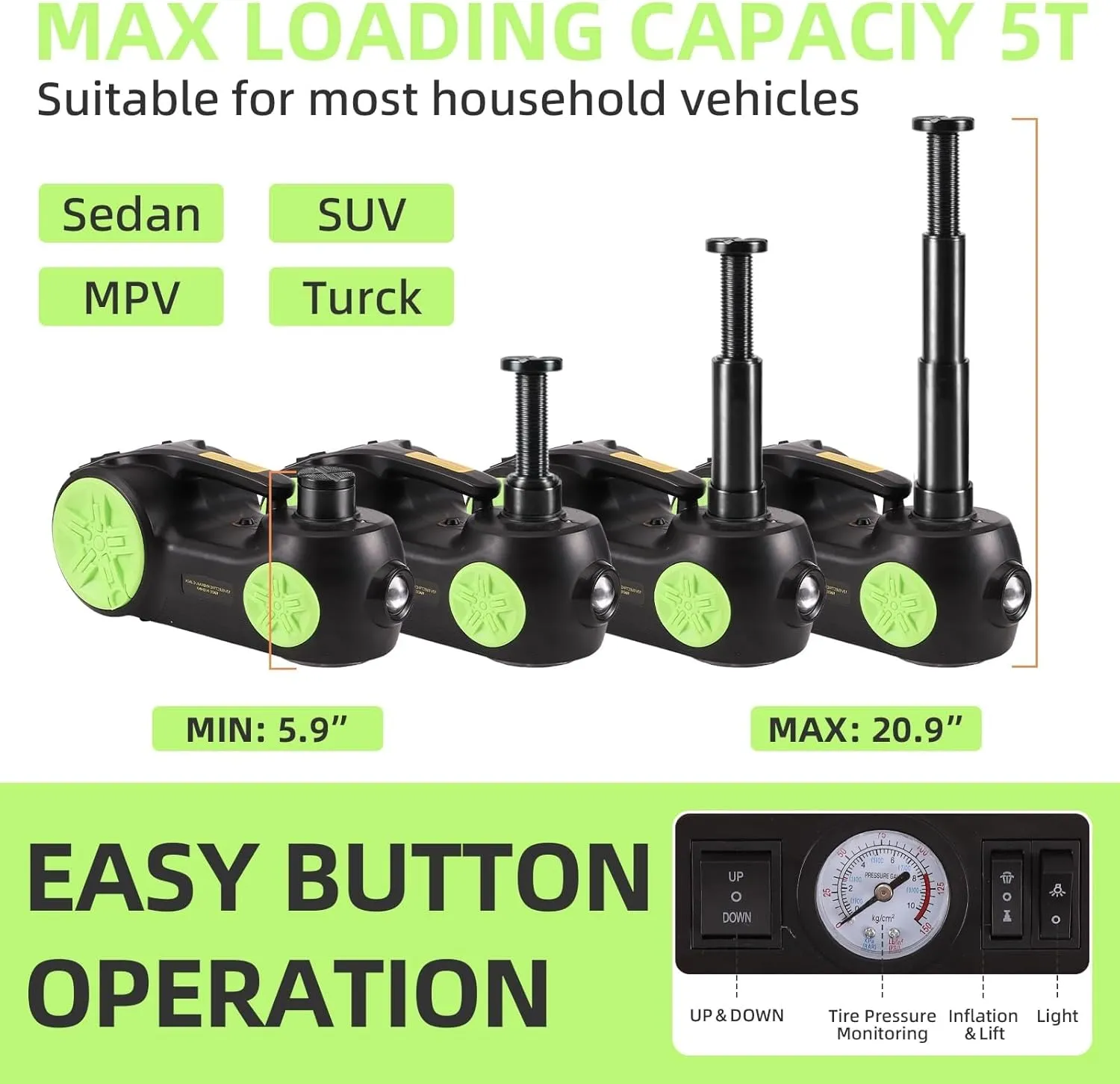 ROGTZ Upgraded Electric Car Jack Kit 5 Tons Floor Jacks Hydraulic and Tire Air Flator Lift Range: 5.9-20.8'',Car Lifter for Vehicle Road Side Emergency Tire Repair (Jack Wrench, Green)