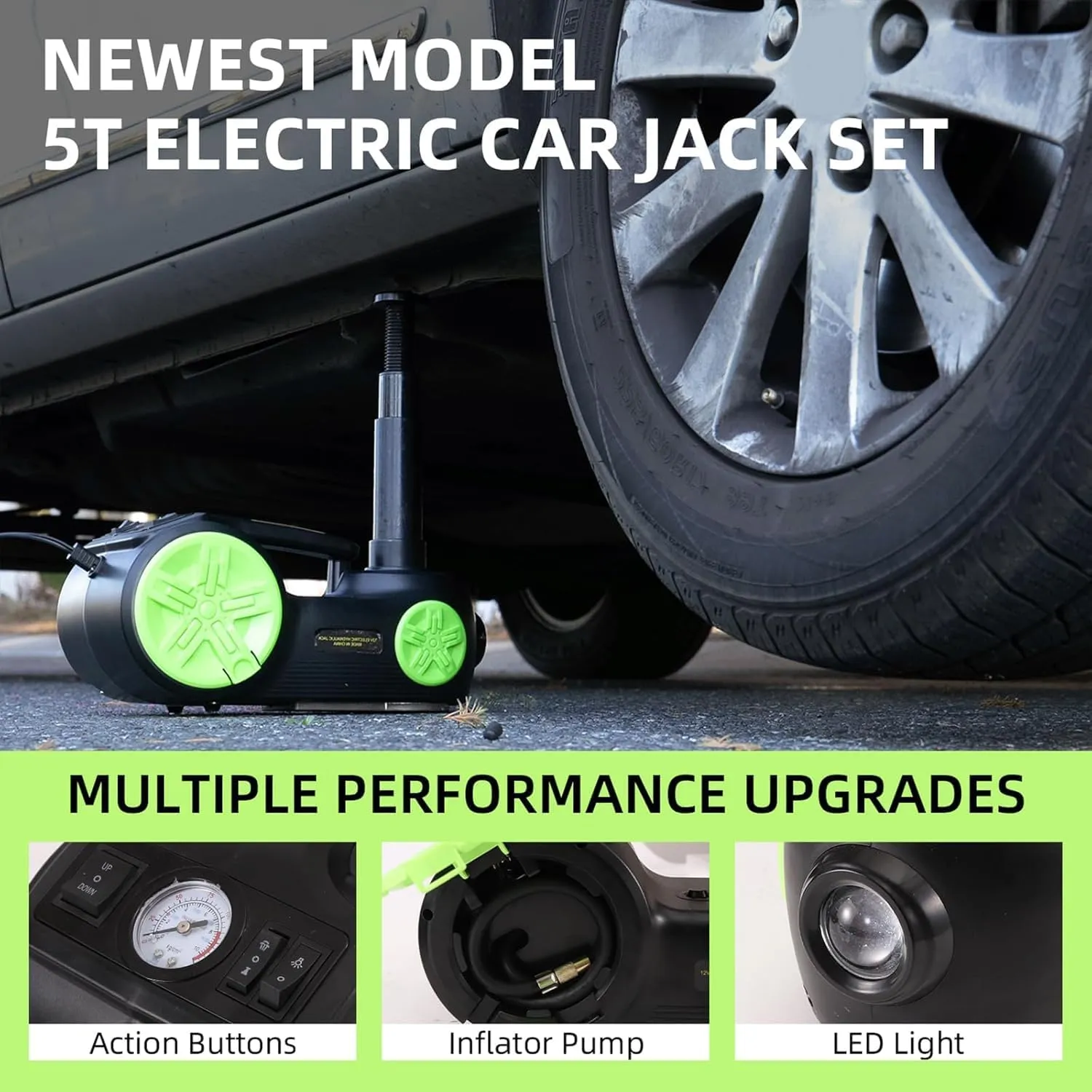 ROGTZ Upgraded Electric Car Jack Kit 5 Tons Floor Jacks Hydraulic and Tire Air Flator Lift Range: 5.9-20.8'',Car Lifter for Vehicle Road Side Emergency Tire Repair (Jack Wrench, Green)