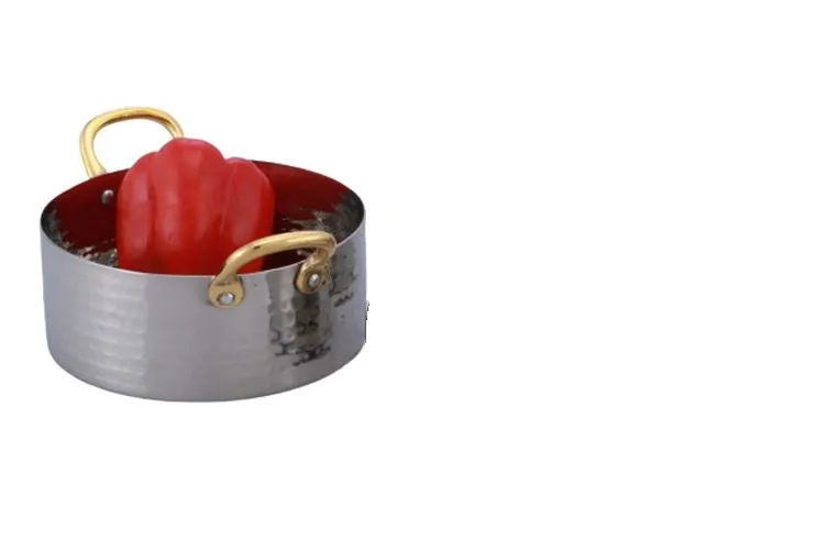 Round Shape Hammered Serving Sauce Pan with Double Sided Brass Handle #3, SS, 950 ML, 5.75"