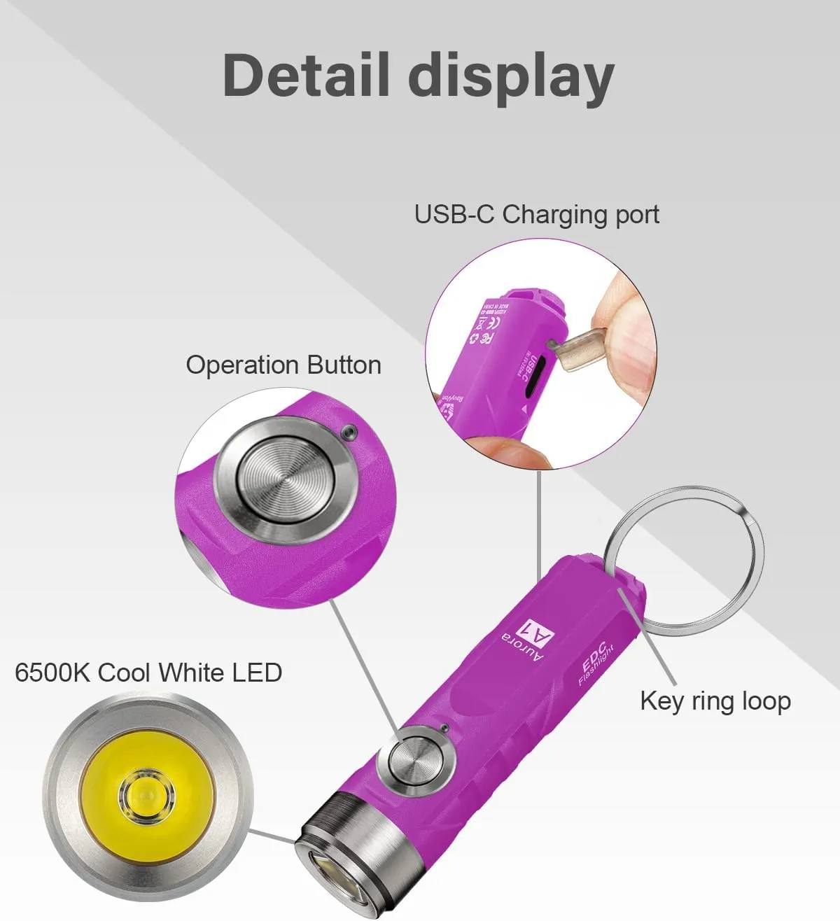 RovyVon Aurora A1 G4 Rechargeable Keychain Flashlights USB C, 650lumens Bright Mini EDC Flashlight IPx6 Multi Functions Small Pocket Flashlight, Outdoor Camping Essentials EDC Gear for Men Women