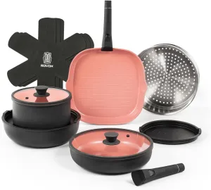 ROYDX 14 Pcs Nonstick Titanium Ceramics Cookware Set Pots and Pans Set Detachable Handle, RV Kitchen Cooking Set(Camper,Boat,Small Kitchen),Oven & Dishwasher Safe,Induction Compatible, PFOA Free