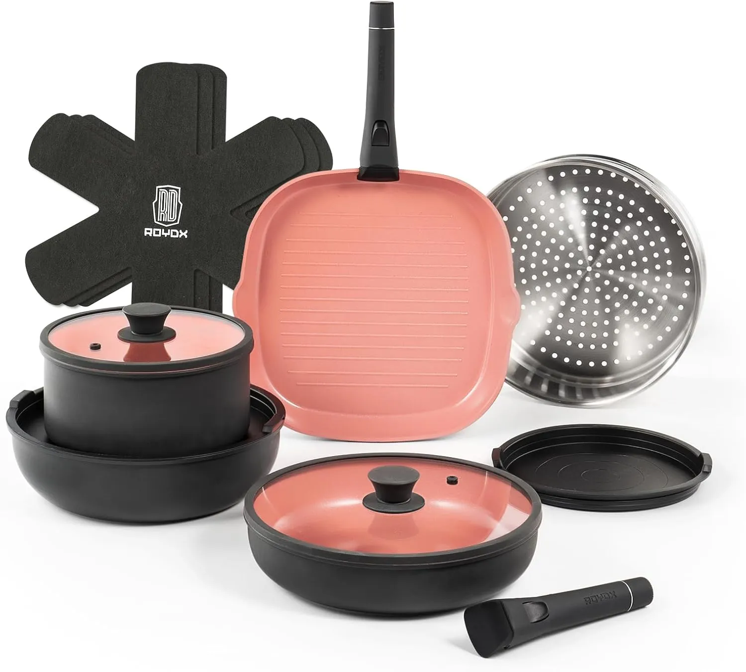 ROYDX 14 Pcs Nonstick Titanium Ceramics Cookware Set Pots and Pans Set Detachable Handle, RV Kitchen Cooking Set(Camper,Boat,Small Kitchen),Oven & Dishwasher Safe,Induction Compatible, PFOA Free
