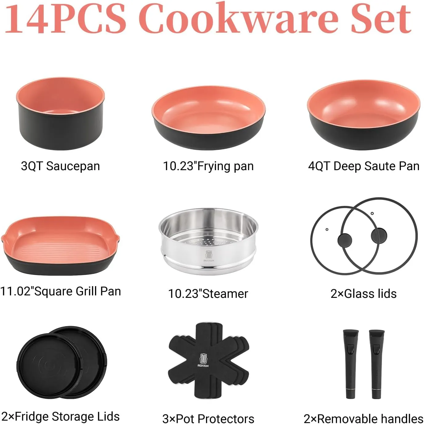 ROYDX 14 Pcs Nonstick Titanium Ceramics Cookware Set Pots and Pans Set Detachable Handle, RV Kitchen Cooking Set(Camper,Boat,Small Kitchen),Oven & Dishwasher Safe,Induction Compatible, PFOA Free